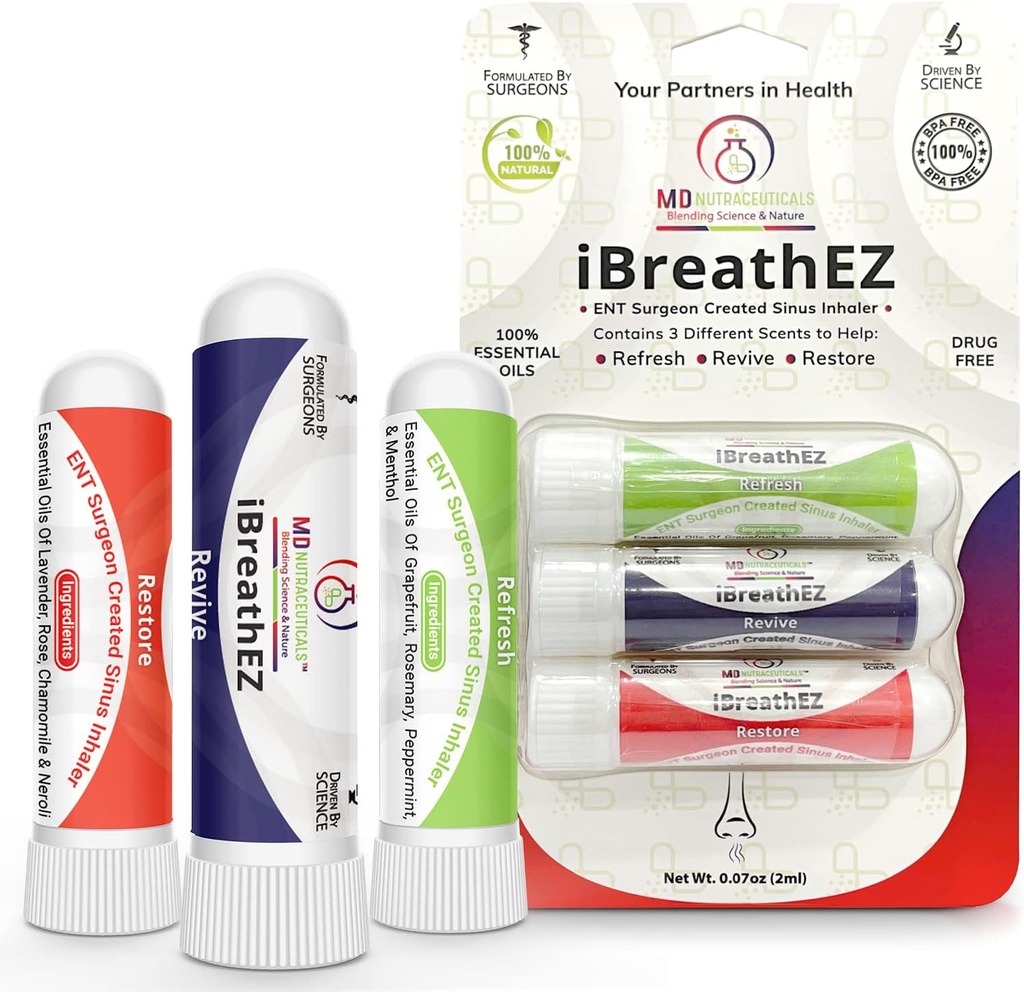 iBreathEZ Nasal Sinus Inhaler Kit Formulira ENT Kirurgi z eteričnimi olji za energijo, stres, Decongesting & Cold ali Alergy Relief (3 paket)