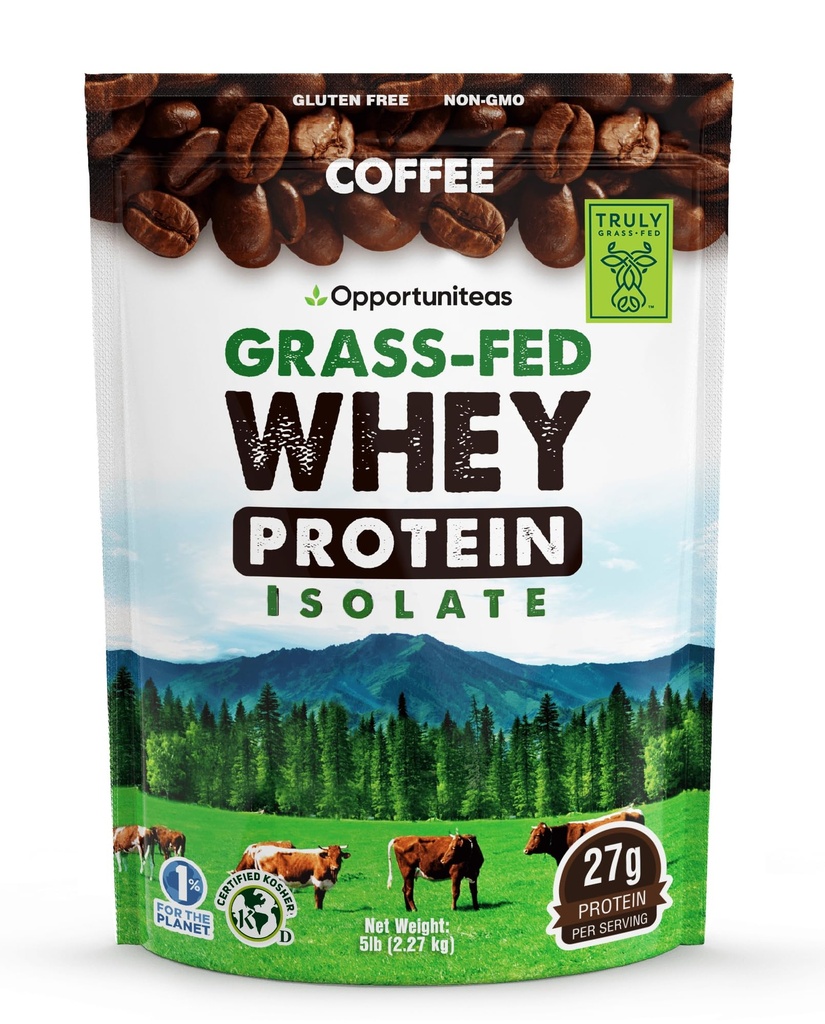 Opportuniteas Grass Fed Coffee Whey Protein Isolate Powder - 27g Protein Powder brez umetnih sladil, 60mg kofein, Hormon-free krave - 5lb