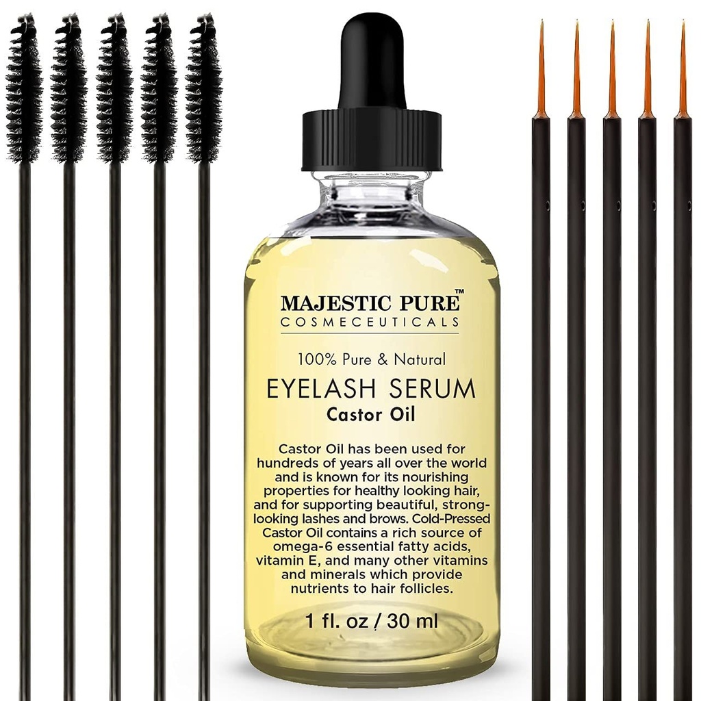 Majestic Pure Castor Oil Trepalnice Serum - z Apple & Argan Stem Cells - Trepalnice rast Serum za daljše debelejše trepalnice, obrvi in lase - Brezplačen komplet Mascara Brush & Eyeliner Applicator - 1 fl oz
