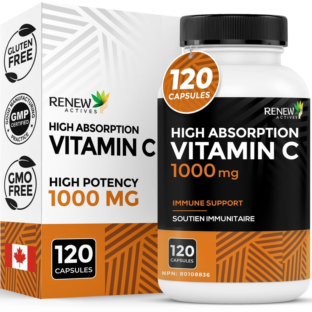 RENEW AKTIVNOSTI Največja moč Vitamin C 1000MG na Serving – Antioksidant in imunski ojačevalec za splošno zdravje, kosti, zob in žvečilnih gumijev – Ne-GMO, Sugar-free, 4-Mesec dobave – Izdelano v Kanadi – 120 kapsul