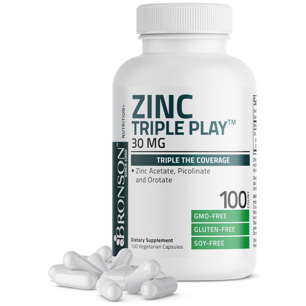 Bronson Cinc Triple Play 30 mg Triple Coverage Imunska podpora z cinkovim acetatom, Pikolinat & Orotat - Imunska, Antioksidant & Skin Health Support - 100 Vegetarijanske kapsule