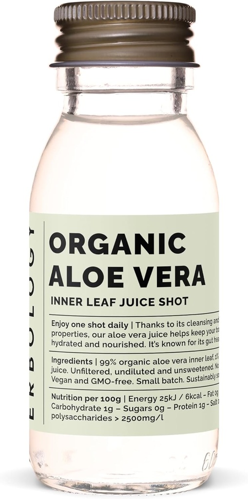 Erbologija Organic Aloe Vera Juice 12 Dnevni streli (2 fl oz) - Immuniteta Podpora in Detox - iz notranjosti lista - Naravnost iz kmetije v Španiji - Nerazredčen - Brez dodanega sladkorja - Non-GMO - Reciklirabilna steklena steklenica