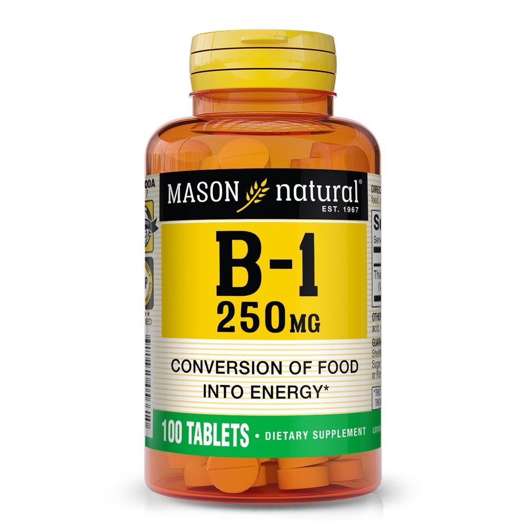 MASON NARAVNI vitamin B,1 Tiamin 250 mg, 100 dan dobava prehranska dopolnila, enostavno, da,Shallow tablete, Podpora proizvodnja energije in zdravo presnovo