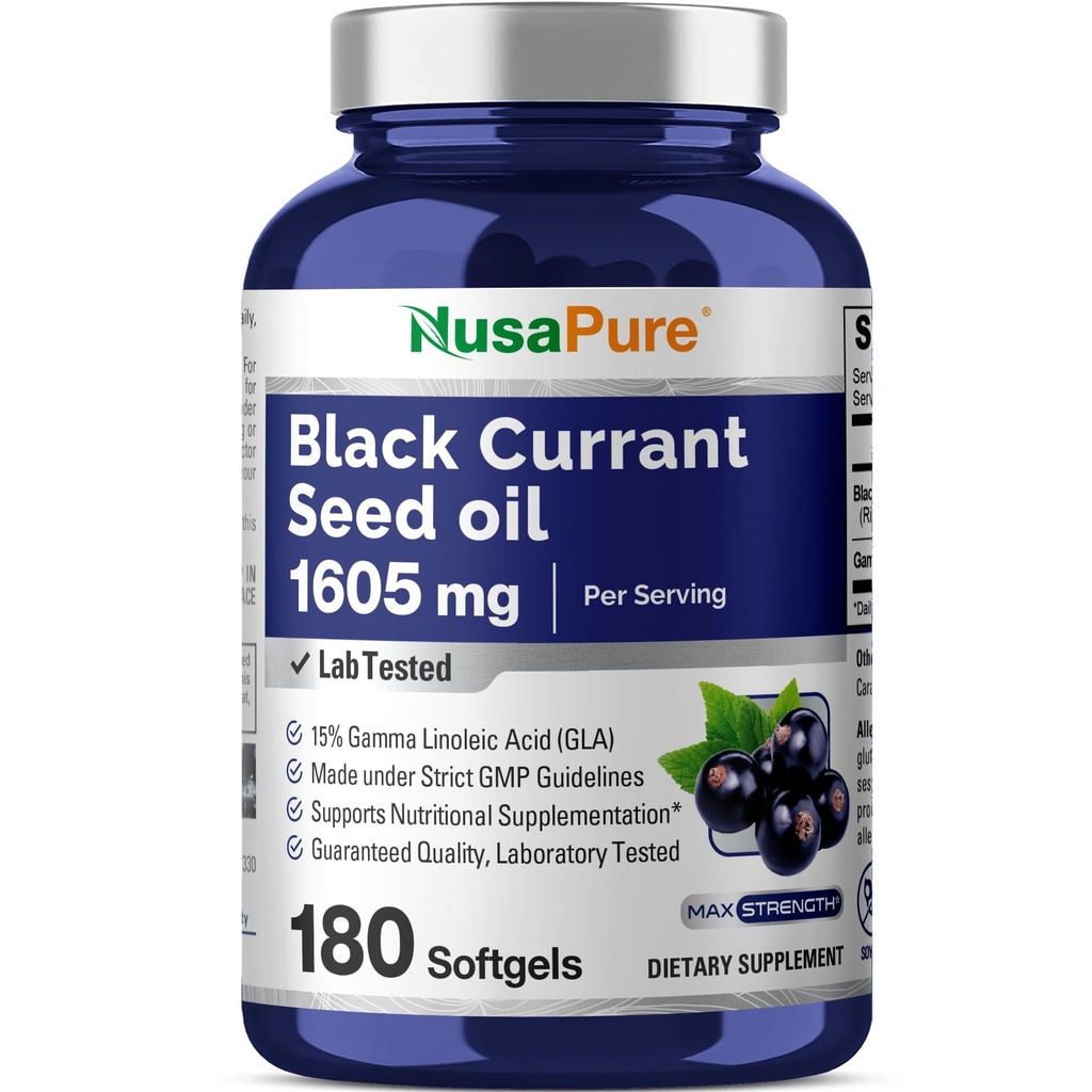 NusaPure olje črnega ribeza 1605 mg gama linolna kislina (GLA) 15% 180 softgels (ne-GMO, brez soje)