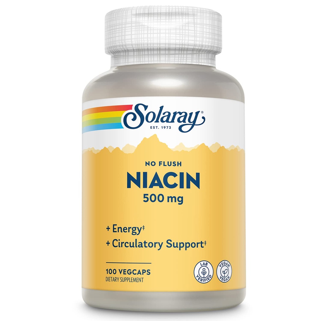SOLARAY No Flush Niacin 500mg, Flush-free Vitamin B3 Niacin, Energy and Circulatory System Support, Vegan, Lab preverjen, 60-dnevni denar nazaj garancije, 100 Serving, 100 VegCaps