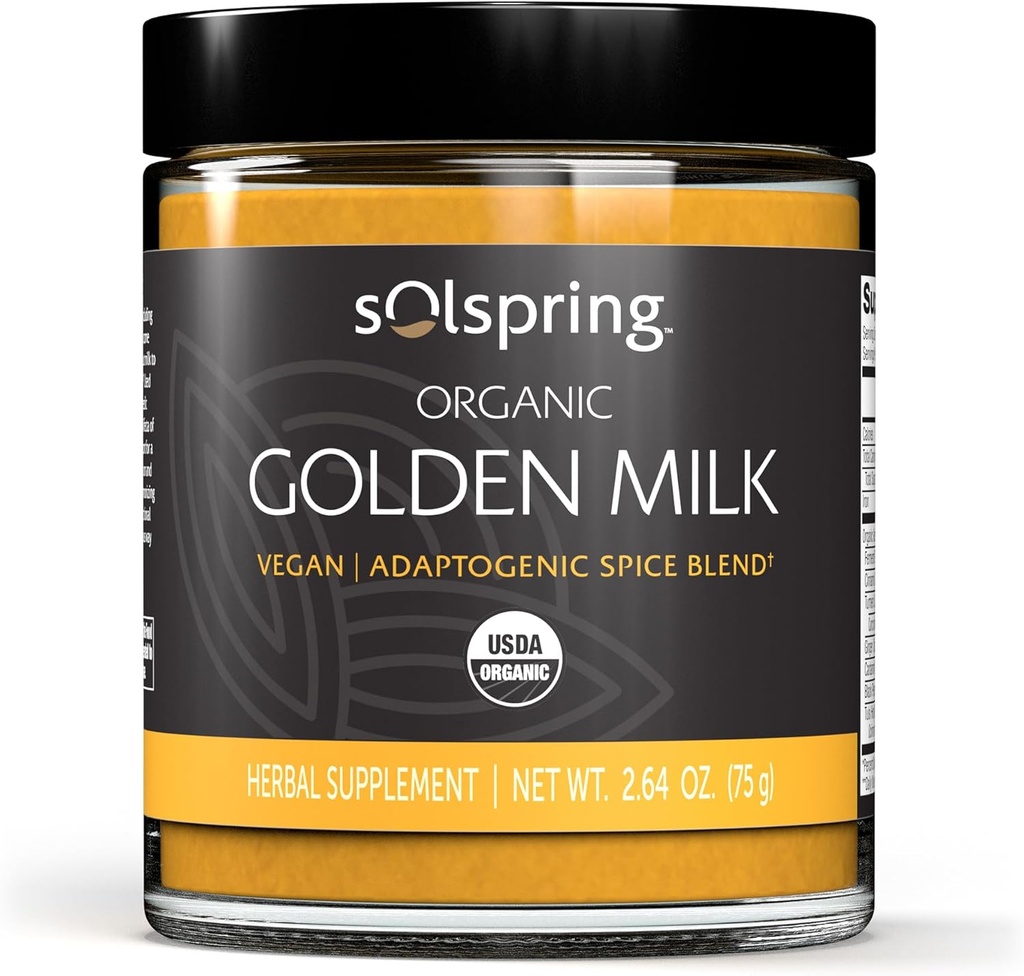Dr. Mercola Solspring Organic Golden Milk Herbal Supplement, 2,64 Oz. (75 g), Veganska začimba mešanica z kurkuma & Ginger, Non GSO, Gluten Free, Soy Free, USDA Organic