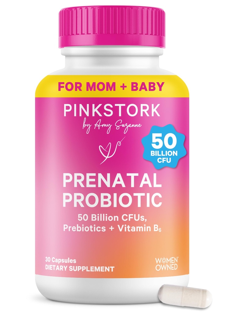 Pink Stork Prednatalni probiotiki za ženske - 50 milijard CFU, vitamin B6, prebiotiki, jutranja bolezen, Gut Microbiome, Nosečnost Probiotik, Imunska podpora, Nosečnost Mora imeti - 30 kapsul