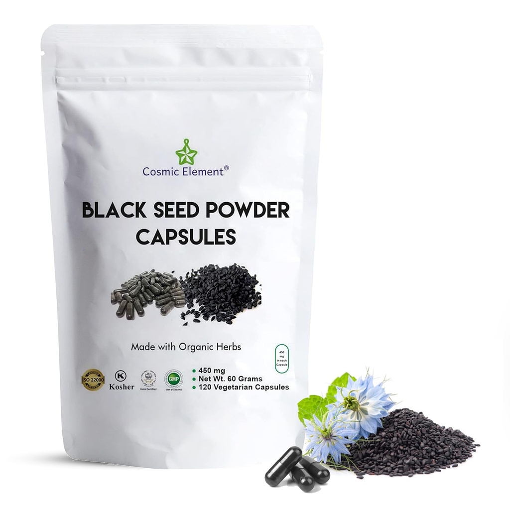 Kozmični element 100% čisto črno seme v prahu Kapsule Organski - Vegan Nigella Sativa 450mg Črno seme Kumina na služijo za zdravje - 120 kapsul