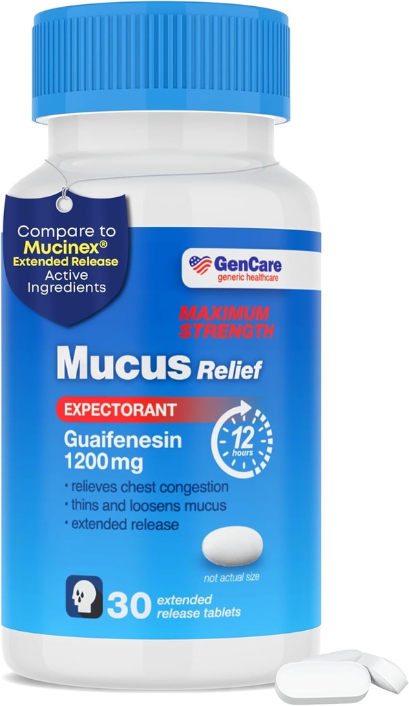 GenCare Mucus Relief 1200 mg Največja jakost (30 Count) 1200mg Guaifensin Razširjene tablete- Release – Pričakovanje za zastoje v prsih Relief za odrasle – Primerjaj z največjo jakostjo 12 ur