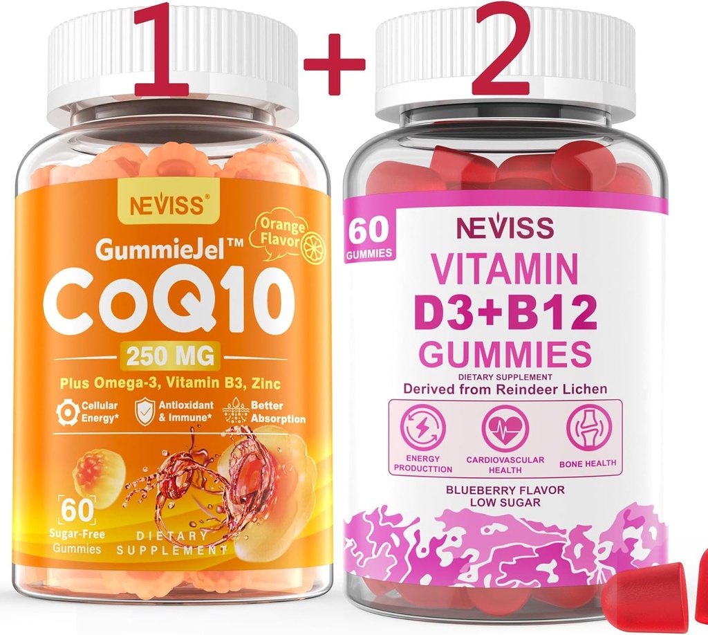 NEVIS CoQ10-250mg Polni gumiji,60Cts + veganski vitamin D3 5000IU & metil B12 1000mcg Gummies, 120Cts