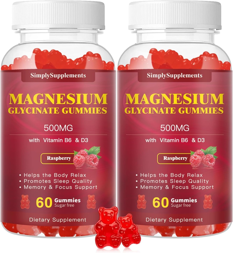 Magnezij Glycinate Gumies 500mg, Žvečljivi Magnezij dodatek z vitaminom D3, B6, CoQ10 za sprostitev, Sleep & Mood podpora, Calm Magnezij Gummy - 60 Malina Gumies(2 Pack
