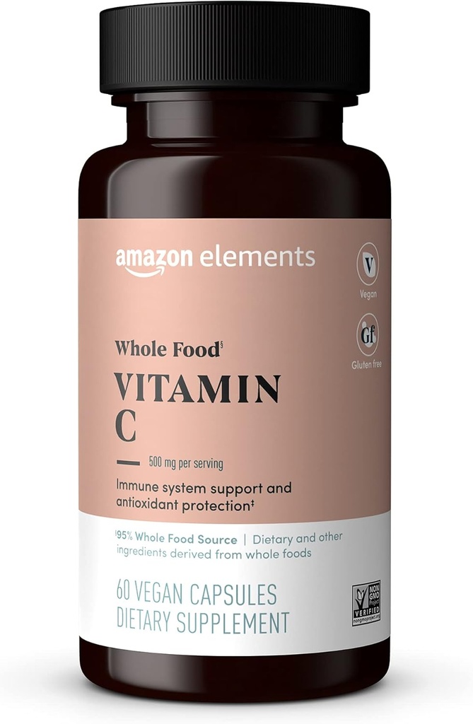 Elementi - Cela hrana Vitamin C, 95% Cel vir hrane, Prehrana in druge sestavine, pridobljene iz cele hrane, Ne-GMO preverjene sestavine, veganski certificiran, in brez glutena, 60 kapsul
