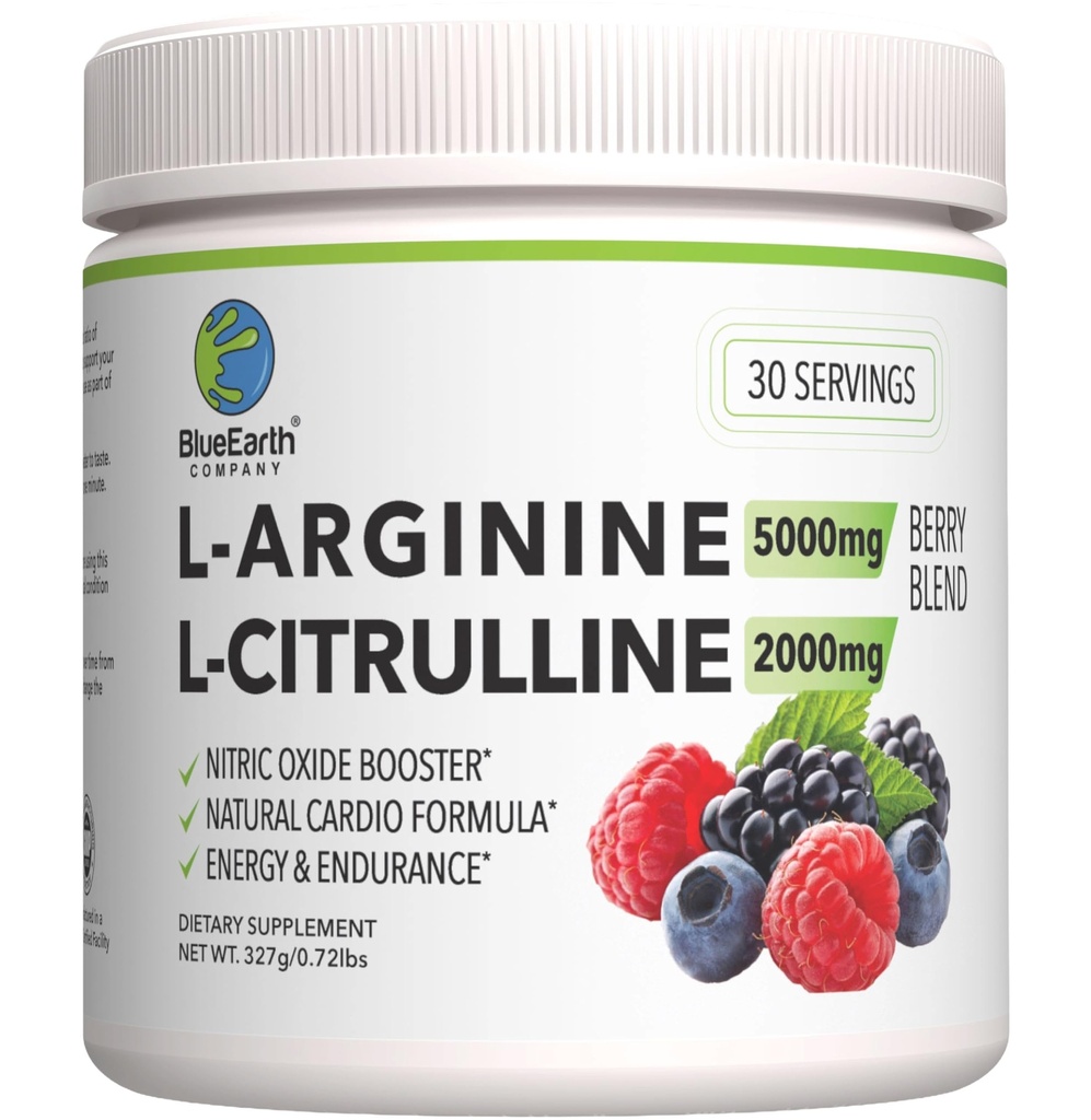 L-arginin 5000mg + L-citrulin 2000mg Kompleksni prašek dodatek - Dušikov oksid Booster - zdravje srca, pretok krvi, energija in vzdržljivost - 30 Servinga (Berry Blend)