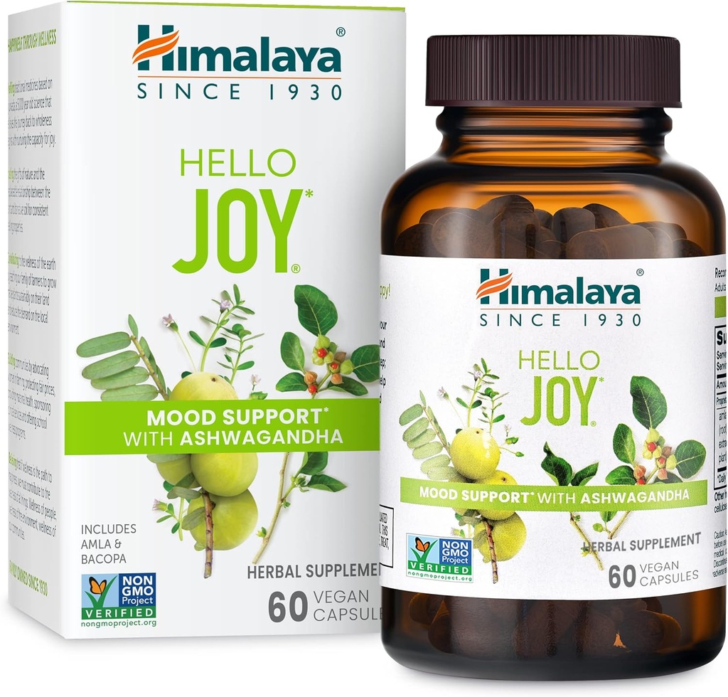 Himalaja Pozdravljeni Veselje Zeliščni dodatek, z Ashwagandha, Amla, Bacopa, Sveti Basil/Tulsi, Pozitivni pogledi, Podpira Motivacijo, Stres Relief, Uravnovešen kortizol, Ne-GMO, Vegan, 60 Kapsule