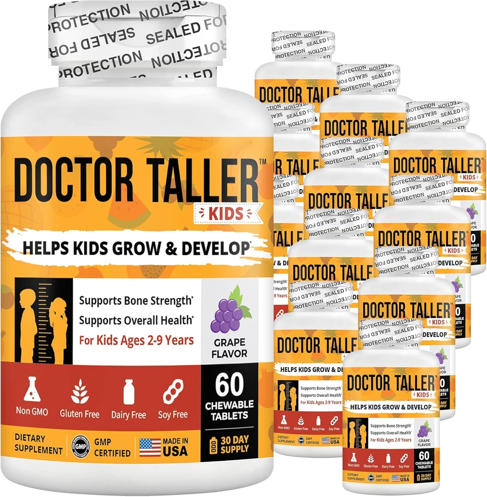 NuBest Doctor Taller Otroci z multivitamini, multimineral, kalcij žvečljive tablete, Kalcij dodatek za otroke starosti 2 do 9 - Grozdni okus - pomaga otrokom zdravo - 12 Pack
