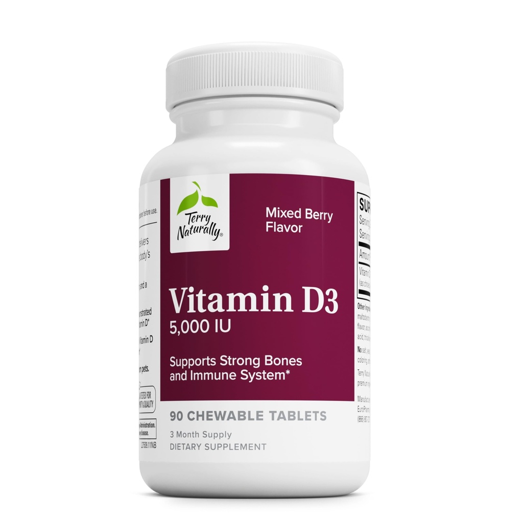 Terry naravno vitamin D3 - Bone Health & Bone Strength Supplement - prehranska dopolnila za imunski sistem in podporo možganov - 5000 i.e. tablete vitamina D z mešanimi Berry Flavor - 90 žvečljive tablete