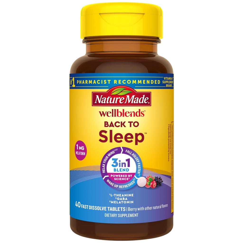 Narava narejene Wellblends nazaj v spanje, nižji odmerek melatonin 1 mg, L theanine 100 mg in GABA 100mg, spanje dodatek, 40 hitro raztopi tablete