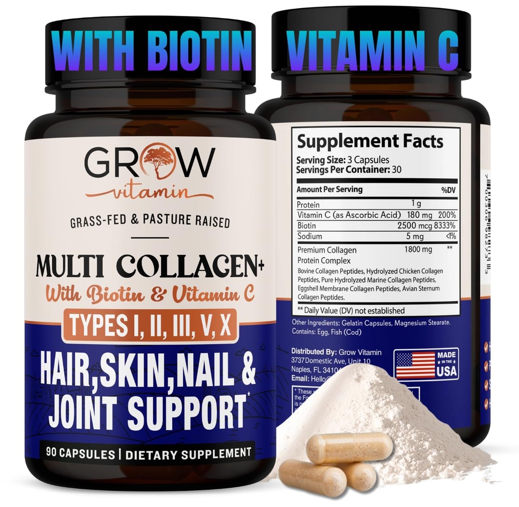 rast vitamina Multi colagen kapsule 1800MG (tipi I, II, III, V & X) - ne gensko spremenjeni organizmi, hranilni kolagen trave - podpora proti staranju za lase, kožo, nohte - beljakovinske tablete za skupno podporo - 90 kapsul