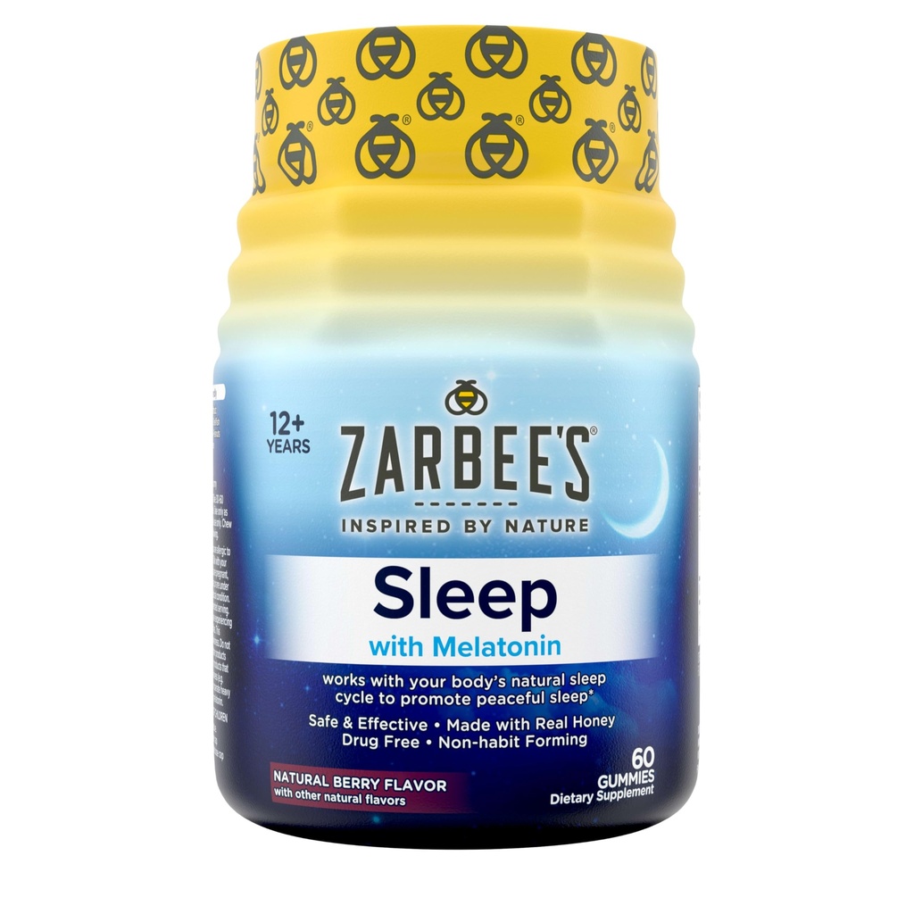 Zarbee's Melatonin Gummies 3mg Spanje dodatek za spodbujanje mirnega spanja, naravne mešane sadne arome, Odrasli Gummy Starost 12 Up, 60 Število