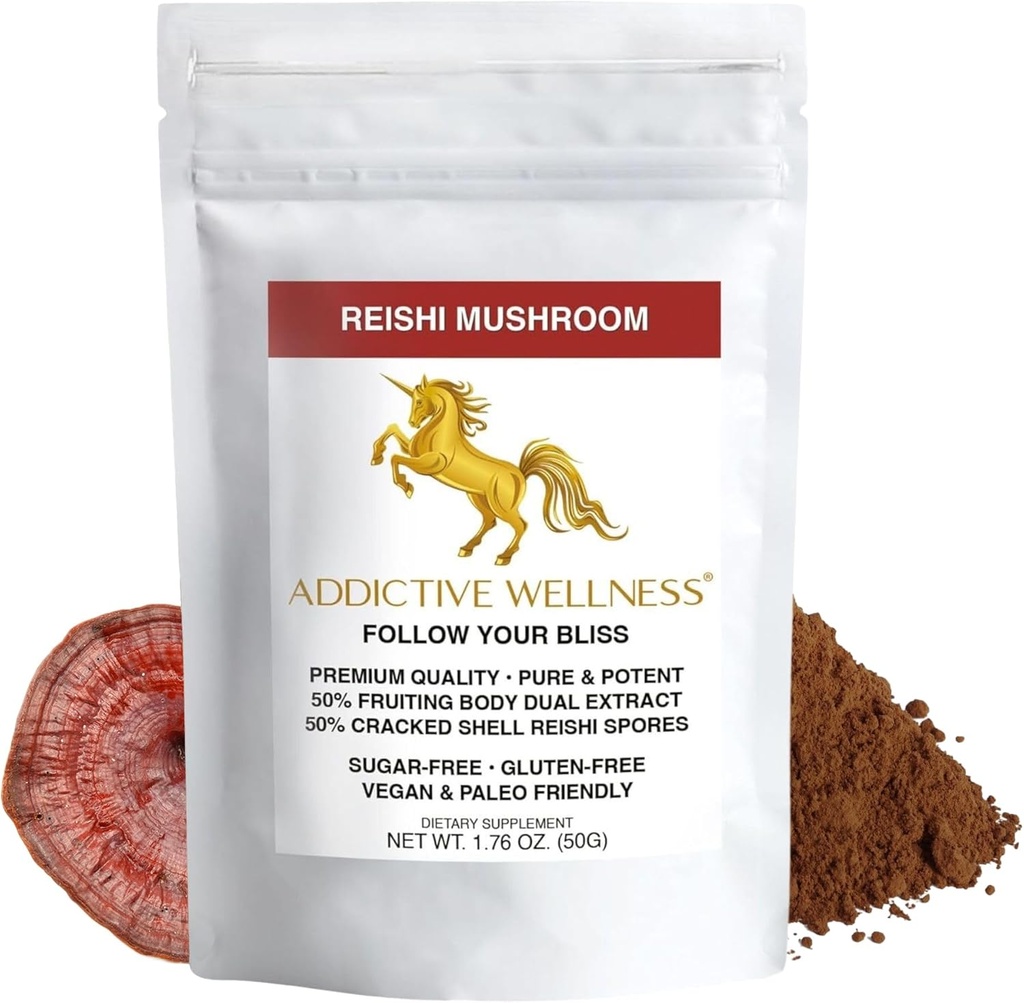 Addictive Wellness Reishi Gobe Extract Powder + Spores (50/50 Mešanica) Les Gojijo čisti & močni Wildcrafted Ganoderma 50g (1,76 oz)