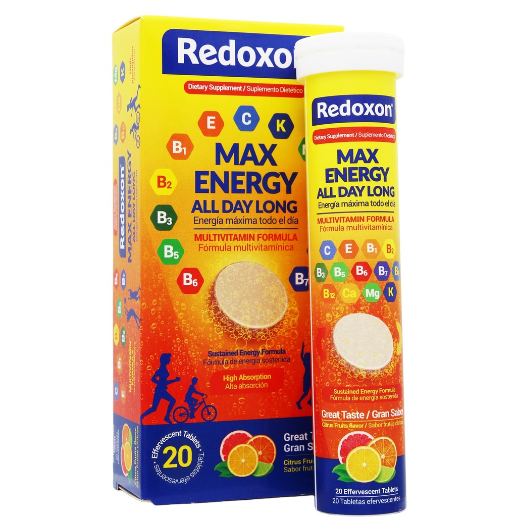 Redoxon Max Energy, Pomoč za podporo Inmune sistem, Citrus Flavor, 20 šumeče tablete, 2,82 Oz, Box