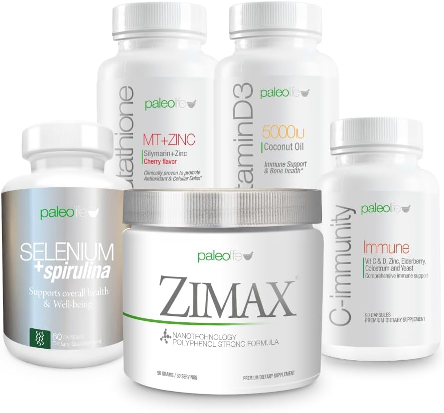 Premium maksimalna obrambne vrednosti Kit: Ta 5 Premium dodatki in vitamini kit Vključuje: Zimax, Selen + Spirulina, Glutatione MT + cink, vitamin D3 in C-Imm.