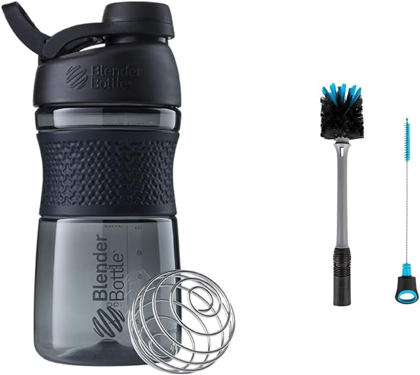 BlenderBottle SportMixer Shaker steklenica kot nalašč za beljakovinske pretresi in pred vadbo, 20-ounce, črna & 2-v-1 Shaker steklenica in slama čiščenje čopič, 1 pakiranje,Siva