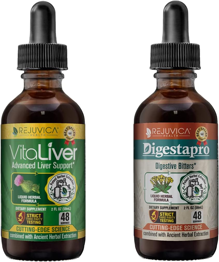 Rejuvica Health VitaLiver & DigestaPro - Advanced Jetra & Prebava Podpora - Tekoča dostava za boljšo absorpcijo - Milk Thistle, Chanca Piedra, Artichoke, Dandelion & More!