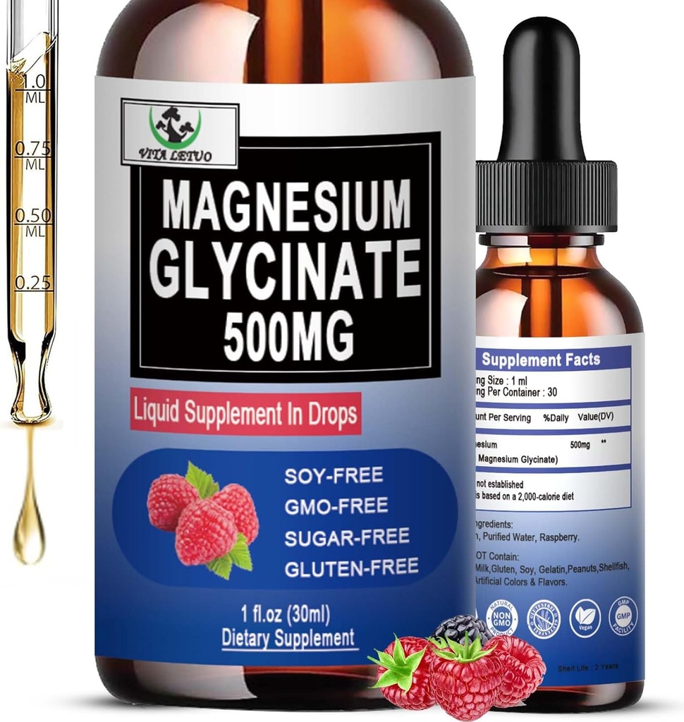 Magnezij Glicinat 500 mg, Tekoči magnezijev glicinat Kapljice 6X Visoka absorpcija za kosti, spanje, zlomi nog in imunske podpore, Vegan, Non-GMO, Gluten-free 