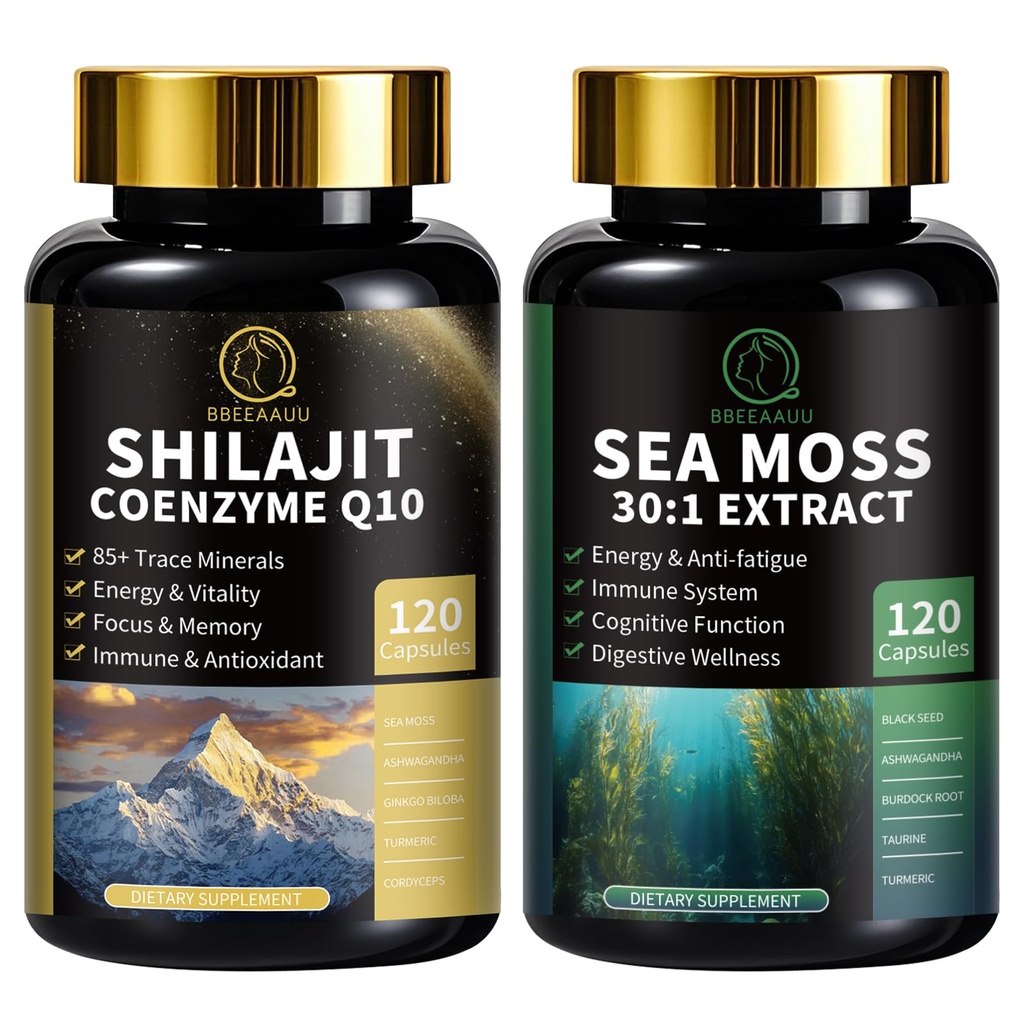 Shilajit za moške, Sea Moss in Shilajit Bundle, Vse v 1 Dopolnila s koencimom Q10, Črno seme, Ashwagandha, Taurin, Burdock za energijo, vzdržljivost, Antioksidant in imunske podpore, 240 Kapsule