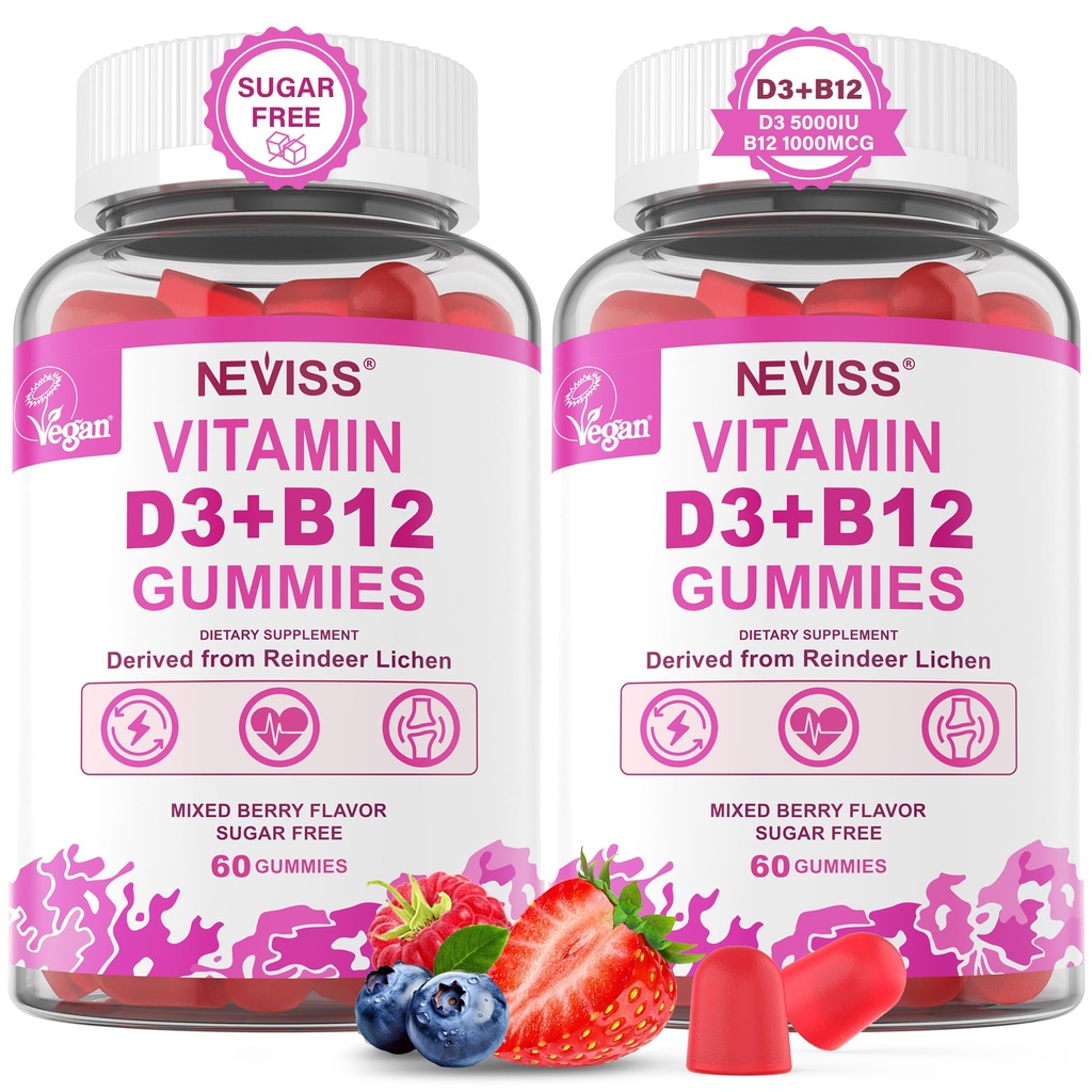 NEVIS 2Pack Vegan Vitamin D3 + Vitamin B12 Gummies, Visoka moč D3 5000IU & 1000 mcg Metilirani B12, Vitamin D3 in B12 za odrasle, Podpora zdravje kosti, Imunska in energijska dopolnila, 120 Število