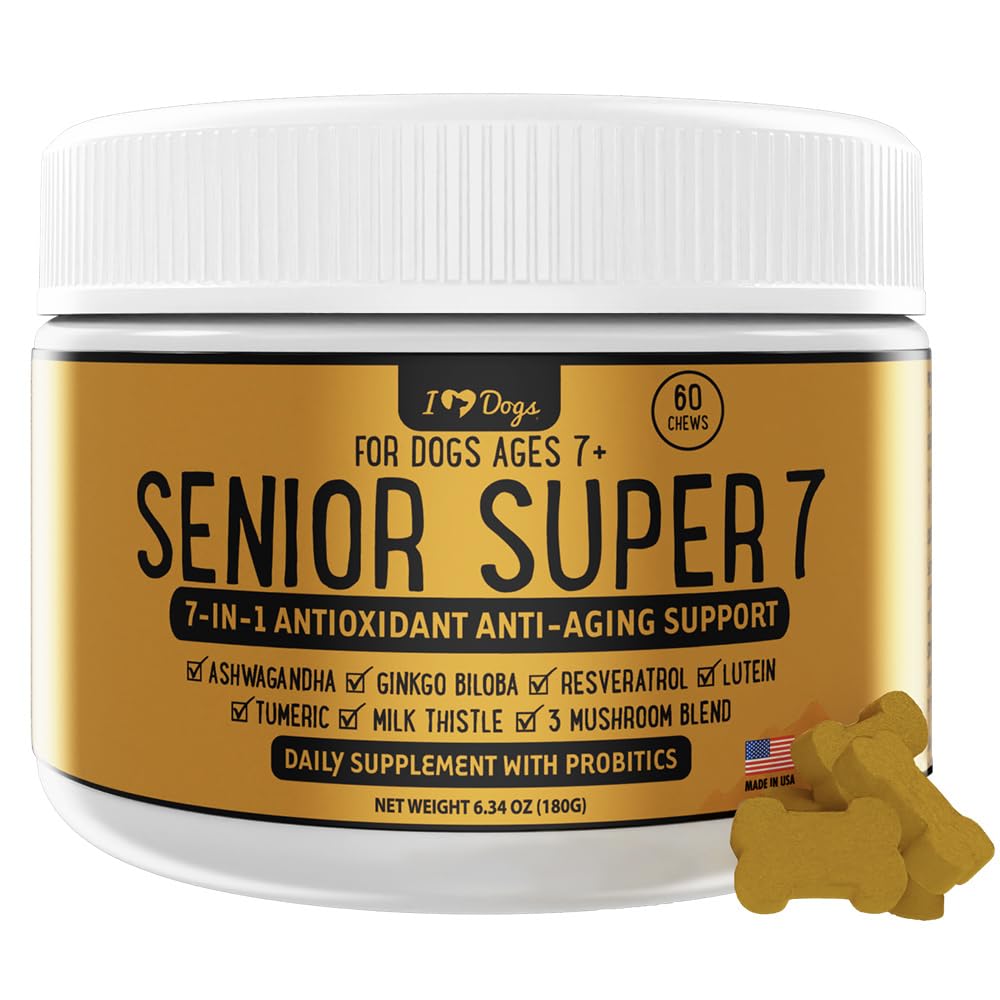 iHeartDogs Senior Super 7 Daily Dog Multivitamin - 7-in-1 Vitamin za pse podpira proti staranju z antioksidanti, probiotiki, Lion's Mane, Turkey Tail, & Ashwagandha za dolgotrajno in kognitivno povečanje