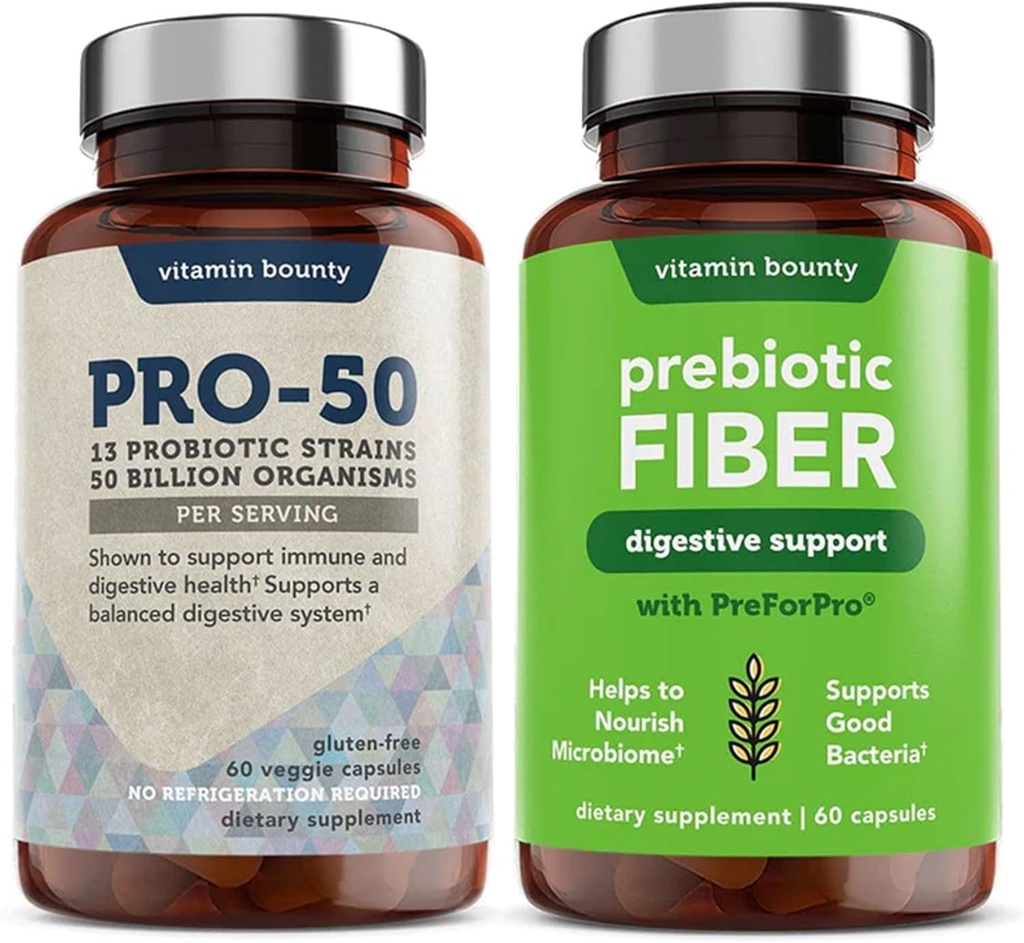 Vitamin Bounty Pro-50 Probiotiki in prebiotične mešanice vlaknin: 13 sevov, 50 milijard CFU-jev, prebavna in črevesna zdravstvena podpora, zapoznele kapsule - 90 kapsul skupaj za moške in ženske