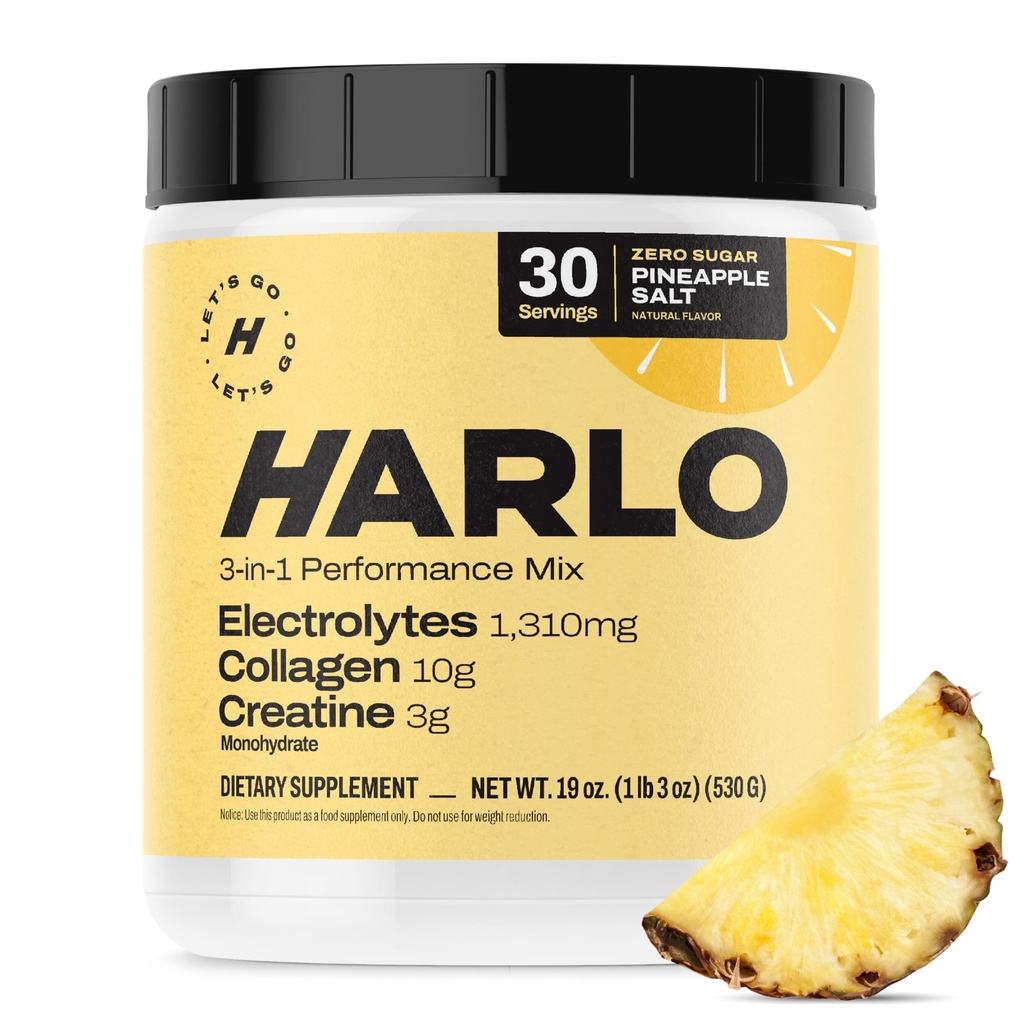 Harlo - Collagen & Creatine Elektrolitsko pijačo Mix – Ananasova sol aroma – Hidrating Pre & Post Wordout Powder – Podpira kožo, sklepov in mišične regeneracije – Sugar-free Energy Boost