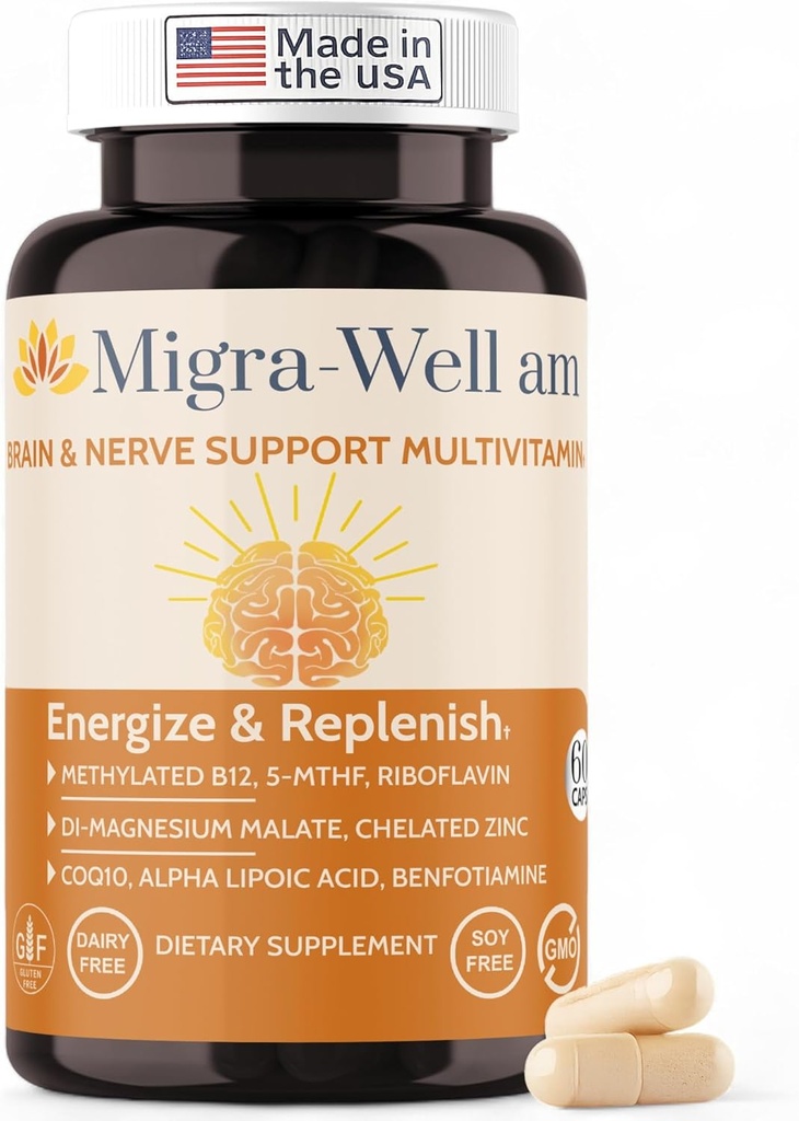 Migra-Well AM: Energiziranje Daily Metilirani multivitamin z biorazpoložljivimi minerali in antioksidanti, ki podpirajo možgane in živčno heath za ženske in moške - brez železa (60 kapsul)