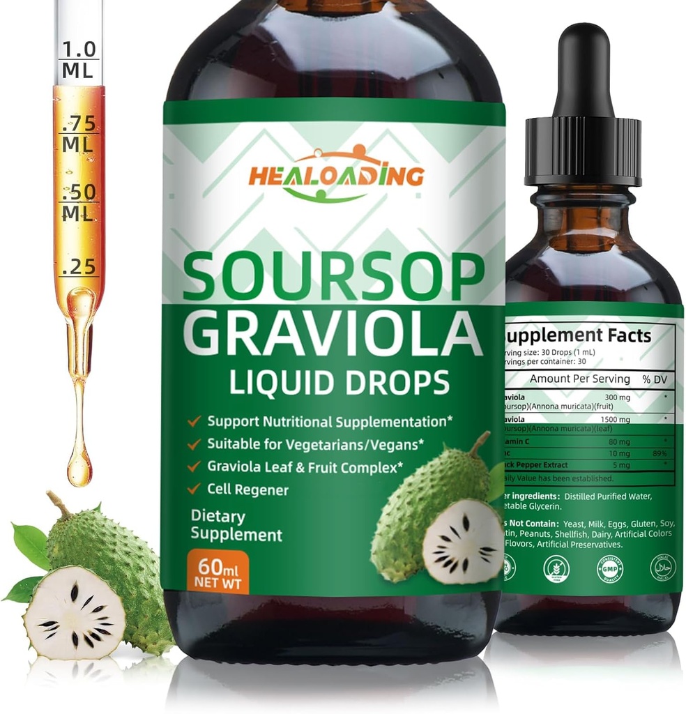 Soursop Bitters Tekoča kapljica: Organski Graviola Soursop Leaf Extract Tekoči ekstrakt za podporo celic, Regeneracijo, Imune Boost, Relax in antioksidant Podpora
