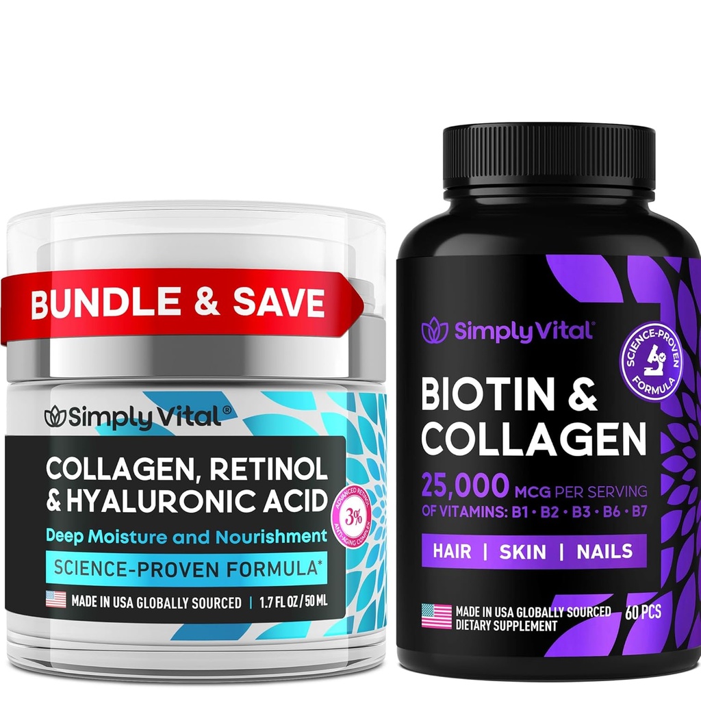 PreprostoVital Biotin, Collagen & Retinol Bundele – 5000mcg Biotin za lase, kožo in nohte + Retinol in hialuronska kislina krema za obraz, Neck & Décolleté – Made in USA
