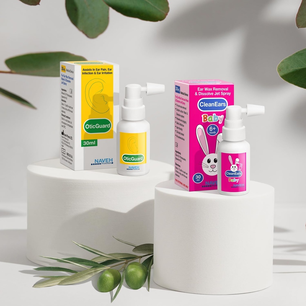 NAVEH PHARMA CleanEars Baby Earwax Odstranjevalni pršilo 1 Fl Oz + 1 Enota NAVEH PHARMA Otic Guard Uho Spray 1 Fl Oz