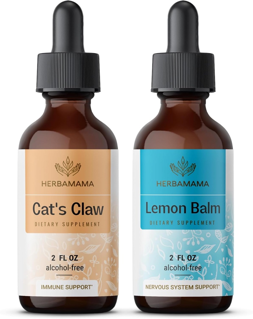 Herbamama tekoče kapljice Kit - paket izvlečka mačje krem 2 fl oz in limonin balzam tinktura 2 fl oz - Vegan zeliščni dodatek tekoči ekstrakt - ne GSO, sladkor in alkohol brez - 2 pakiranje