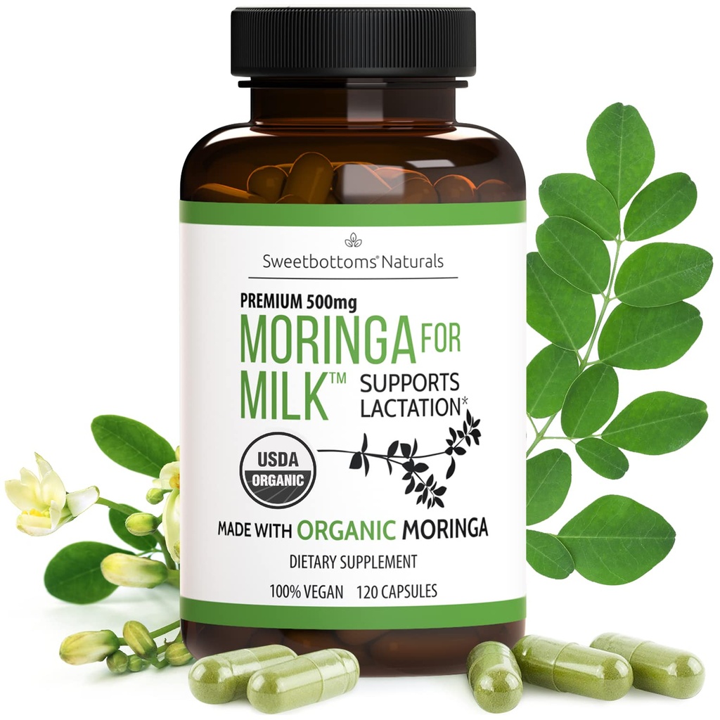 Dojenje Dodatek - Organic Moringa Kapsule za dojenje Podpora za povečanje oskrbo z materinim mlekom (120 ct) Pure Malunggay Leaf Prašek za proizvodnjo mleka Booster & Postnatal Vitamini E K 500mg
