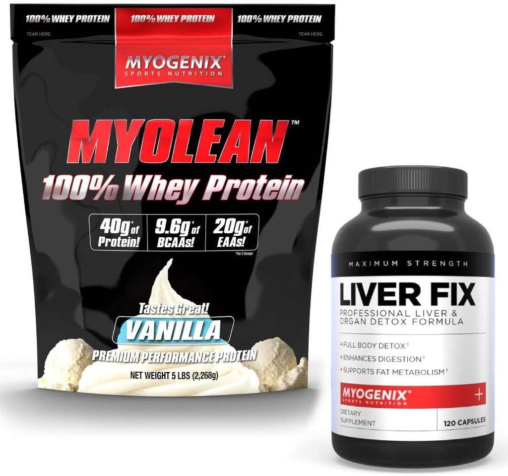 Myogenix Jetrna podpora Dopolnilo & Myolean Vanilla Whey Protein – Napredno zdravje jeter in okrevanje mišic s 40g visoko beljakovin Whey – Podpora Detox, rast in učinkovitost