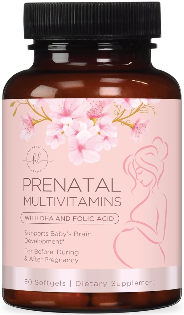 Prenatal Vitamini za ženske s folno kislino & DHA, Brain Development Support z Folate & Omega 3's, Multivitaminski z vitaminom A, C, D, B6, B12 & železo, Nosečnost dodatek - 60 Softgels