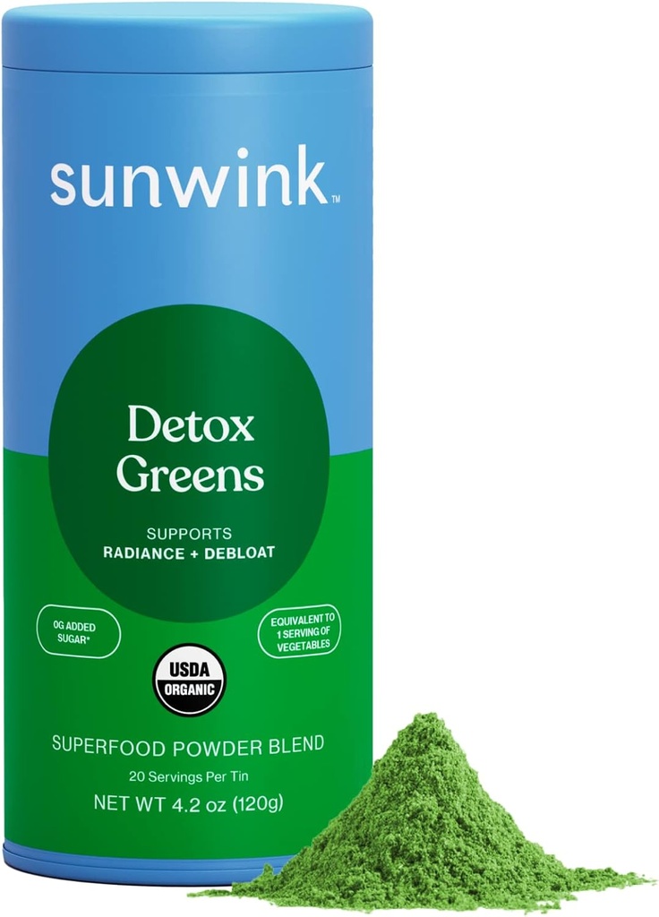 Sunwink Detox Zeleni v prahu - Ekološka zelena SuperFood Powder for Debloat - Super Greens Powder w/Celery, Dandelion, Spirulina - Daily Greens Powder for Gentle Detox - 4.2 oz (20 Servingov)