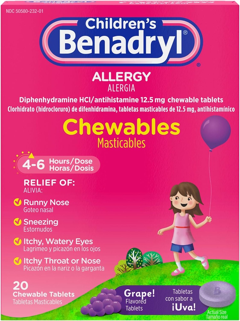 Benadryl Otroška alergija Žvečilni izdelki z difenhidramin HCl, žvečljivi otroci tablete antihistaminikov za lajšanje simptomov alergije, kot so Sneesing & Srbeče oči, grozdni okus, 20 ct
