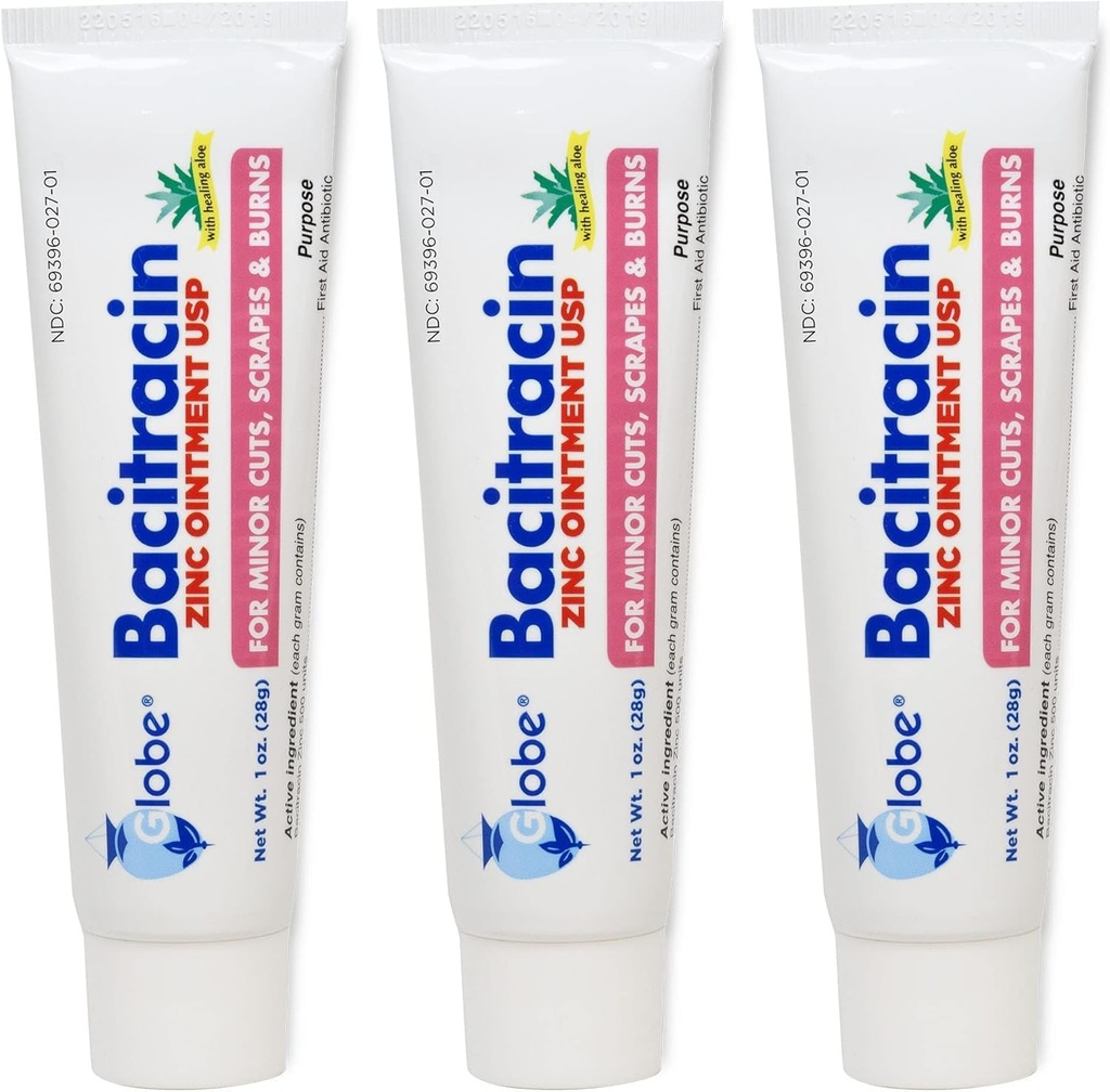 Globe (3 paket) Bacitracin cinkovo mazilo + Aloe 1oz - Največja moč Antibiotik za zdravljenje ran - Topična medicated rešitev za reze, opekline, luske - okužba kože in prva pomoč bistvenega pomena