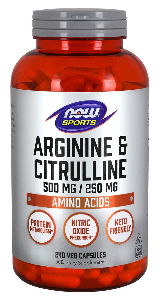 NOW Sports Nutrition, Arginin & Citrulin 500 mg/ 250 mg, aminokisline, 240 Veg kapsule