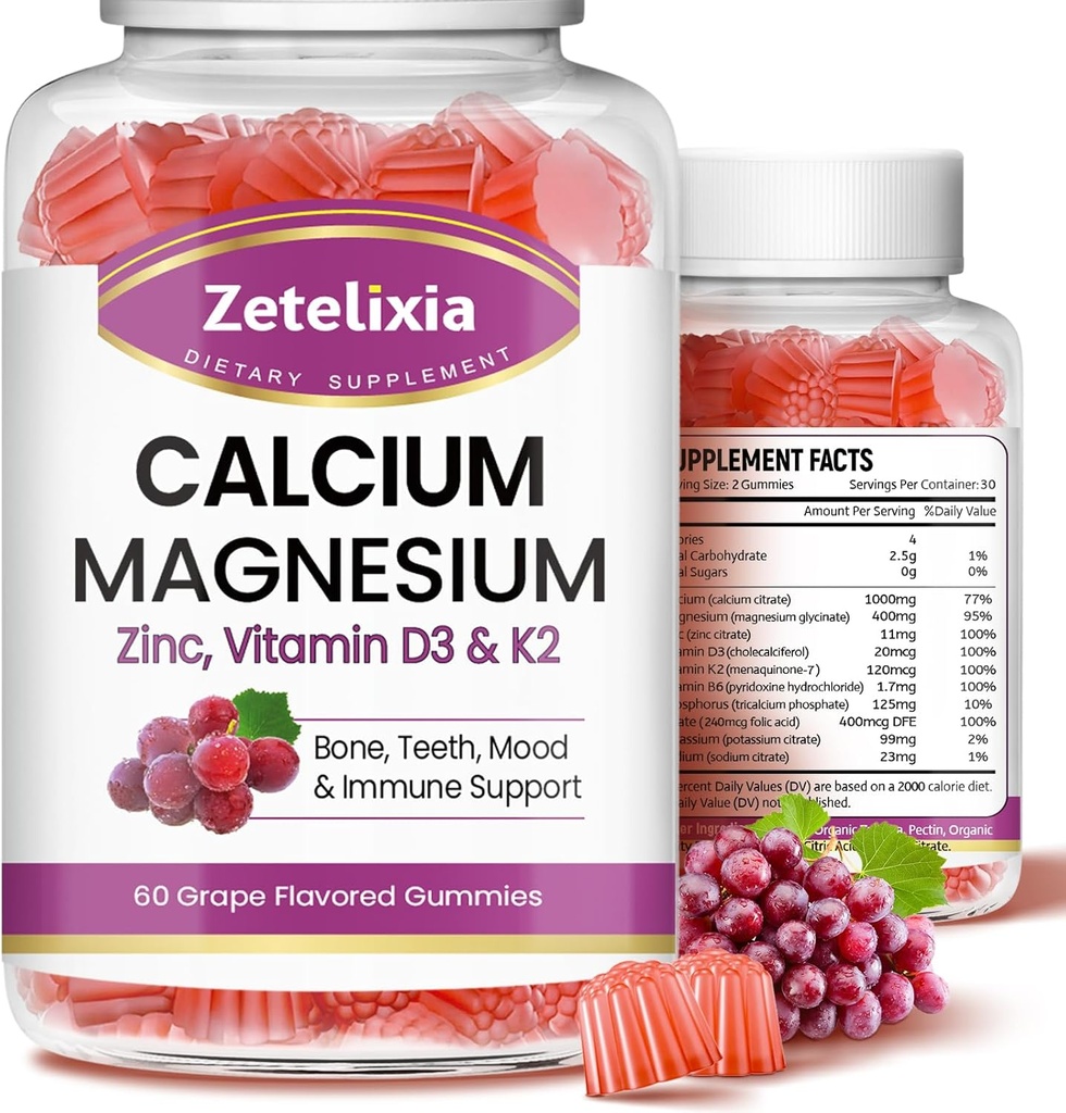 Kalcijeve žvečilke, kalcijev magnezijev cink z vitaminom D3 & K2, kalcijev magnezij dodatek za B0nes mišice, grozdna aroma - 120 Count