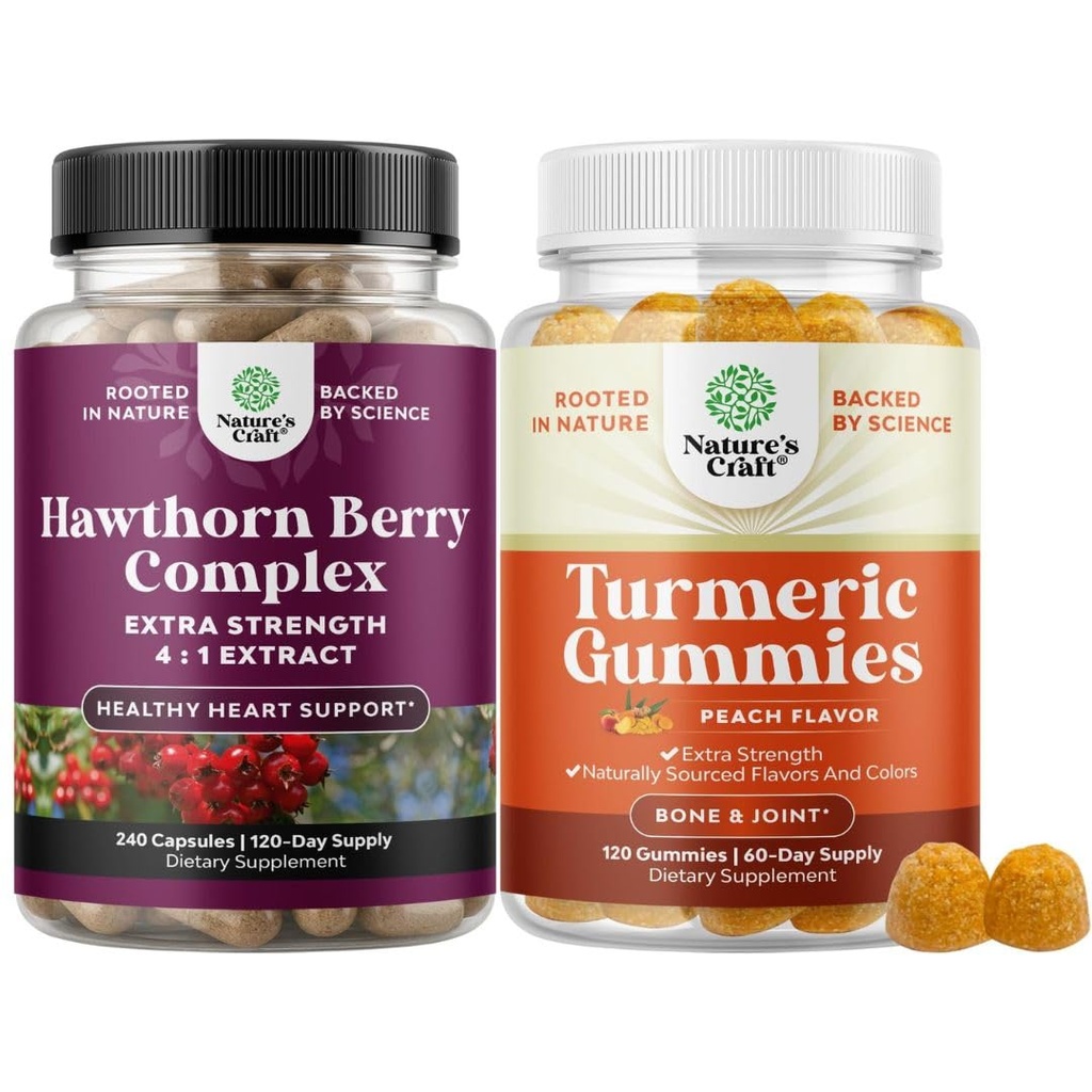 Paket dodatne moči Hawthorn Berry kapsule - Extract Prebava in zdravje srca dopolnilo in kurkuma Gumies za odrasle Peach Flavor - Dodatna moč skupna podpora Gumies