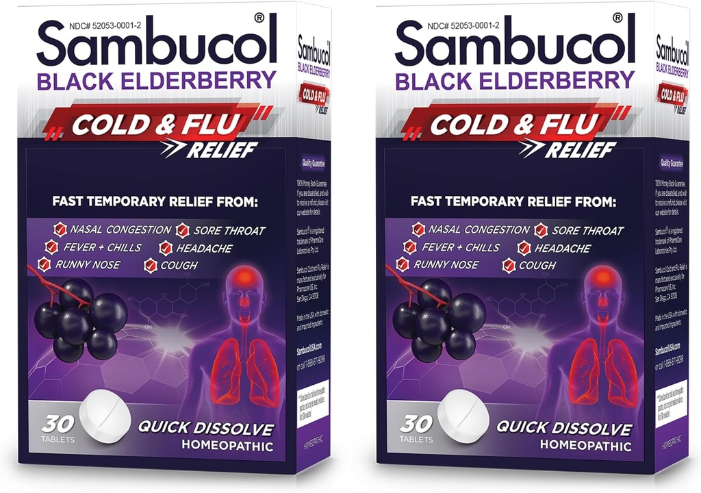 Sambucol Cold and Flu Relief Tablets - Homeopatska hladna medicina, Nasal & Sinus Congestion Relief, Uporaba za Runny Nose, Kašljanje, Cold Remedy za odrasle - Črna Starejša jagoda, 30 Count, 2-Pack