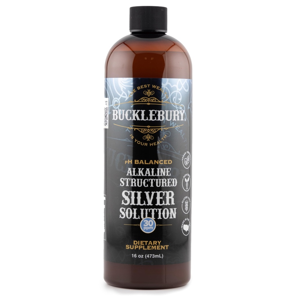 Bucklebury Silver Solution Tekoča 30ppm - pH Uravnotežena naravna alkalna strukturirana koloidna srebro Tekoča za imuno podporo in splošno zdravje - Gluten proste koloidne kapljice za odrasle in hišne živali - 16 Oz